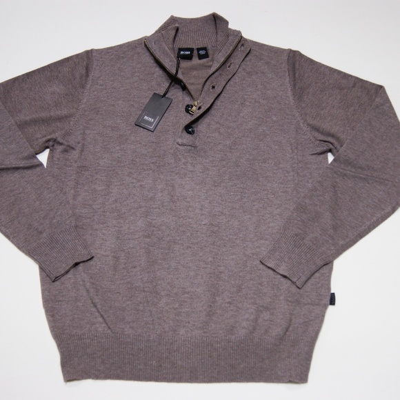 New Hugo Boss Half Zip Buttons Brown Camel Sweater Pullover